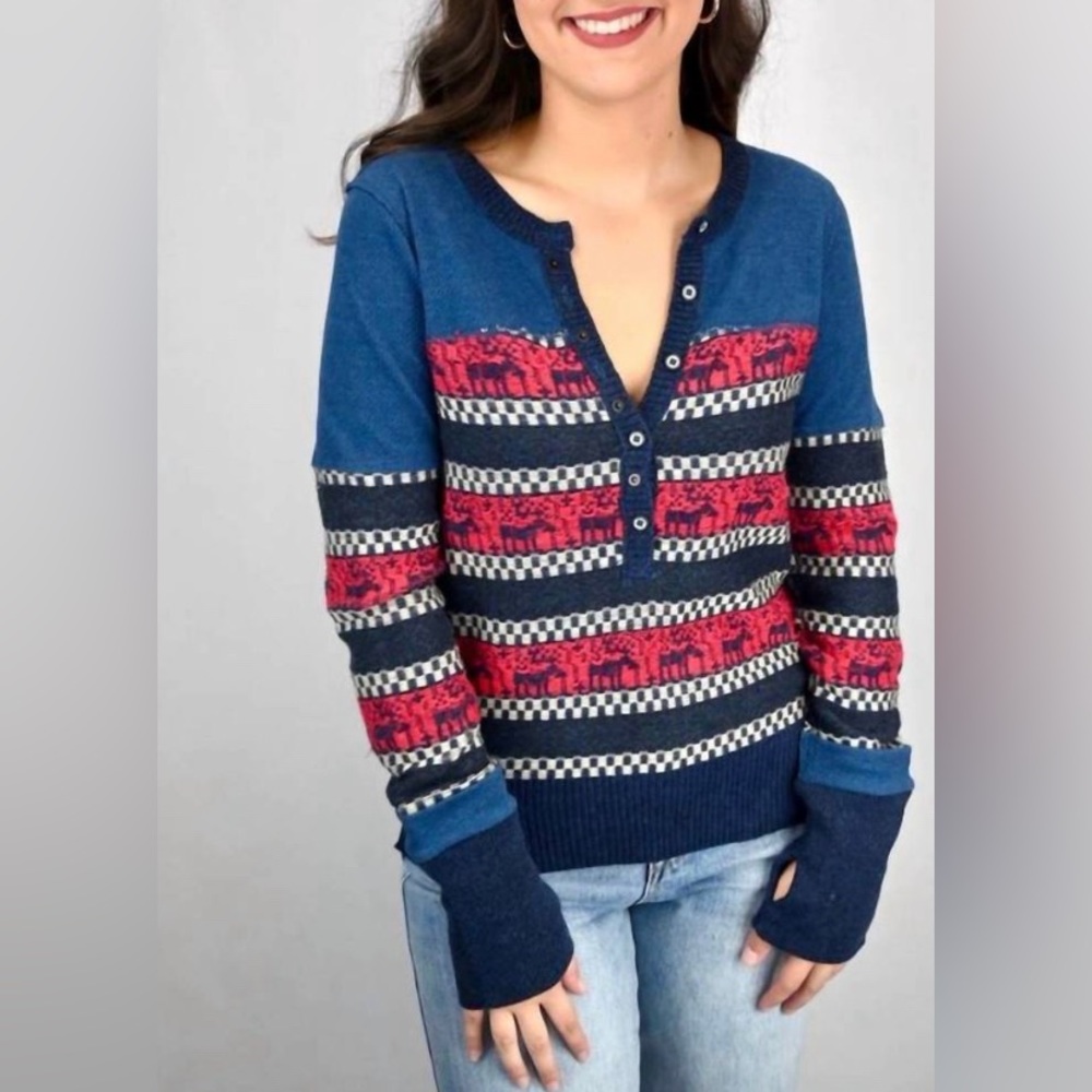 We The Free Navy Blue and Red Striped Scoop Neck Sweater